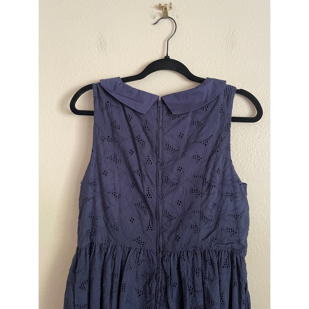 ModCloth Navy Blue Eyelet Peter Pan Collar Retro Midi Dress 12 Old Money Preppy - Picture 7 of 10
